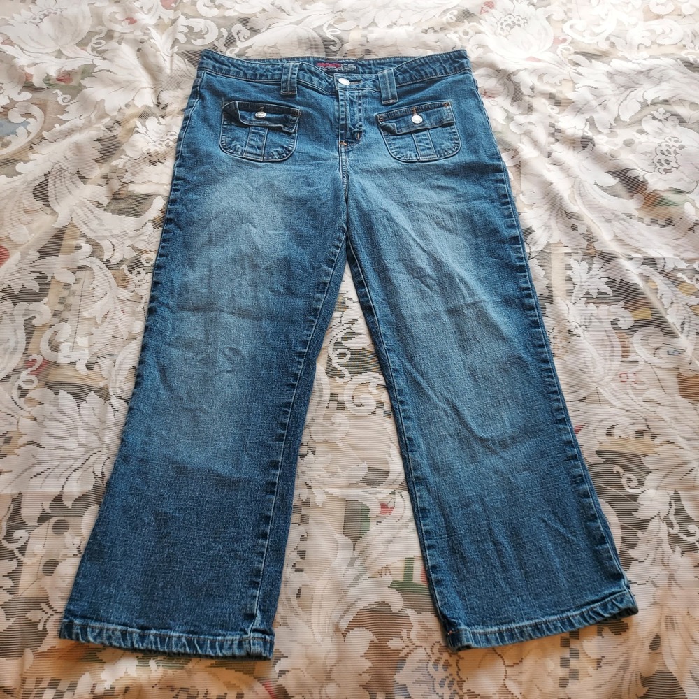 Aeropostale Y2K Blue Denim Capri Jeans Wide Leg Button Flap Pockets Size 11/12
